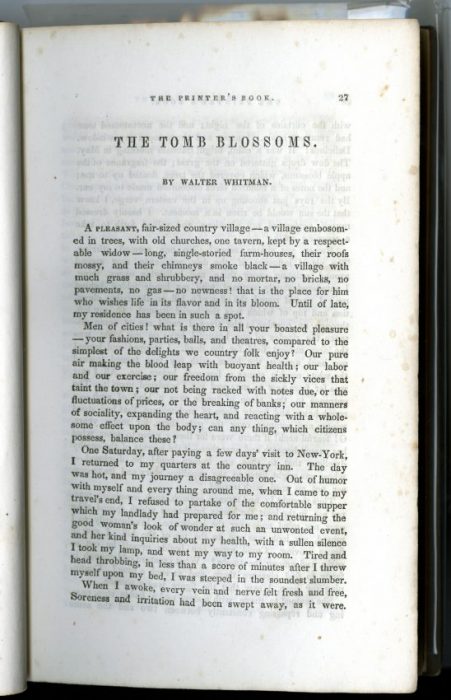 “The Tomb Blossoms,” in Voices from the Press: A Collection of Sketches, Essays, and Poems, edited by James J. Brenton. New-York: Charles B. Norton, 1850.