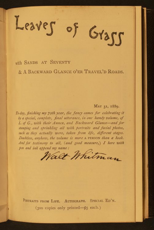 Leaves of Grass: With Sands at Seventy, and a Backward Glance O’er Travel’d Roads Title Page. Camden: Walt Whitman, 1889.