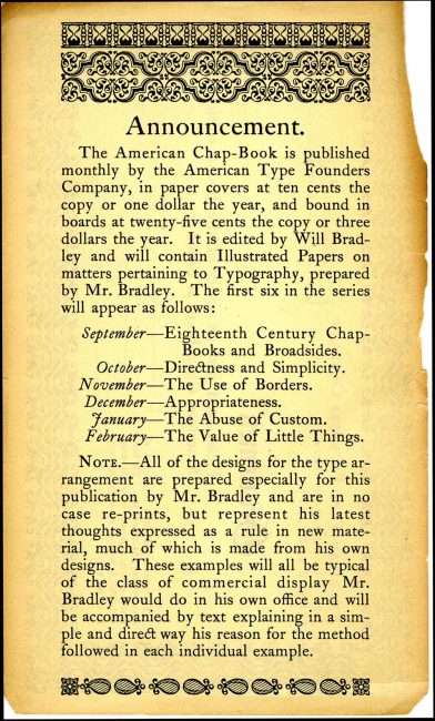 Order form for “first six issues of the bound edition American Chap-Book,” American Type Founders Company, circa 1905.