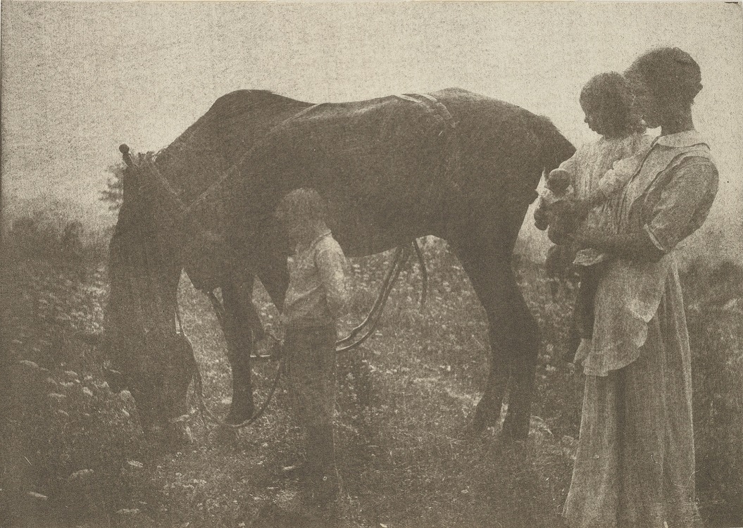 Gertrude Käsebier (American, 1852-1934), Untitled [Woman and Children with Horse], n.d., gum bichromate. Museums Collections, Gift of Mason E. Turner, Jr.