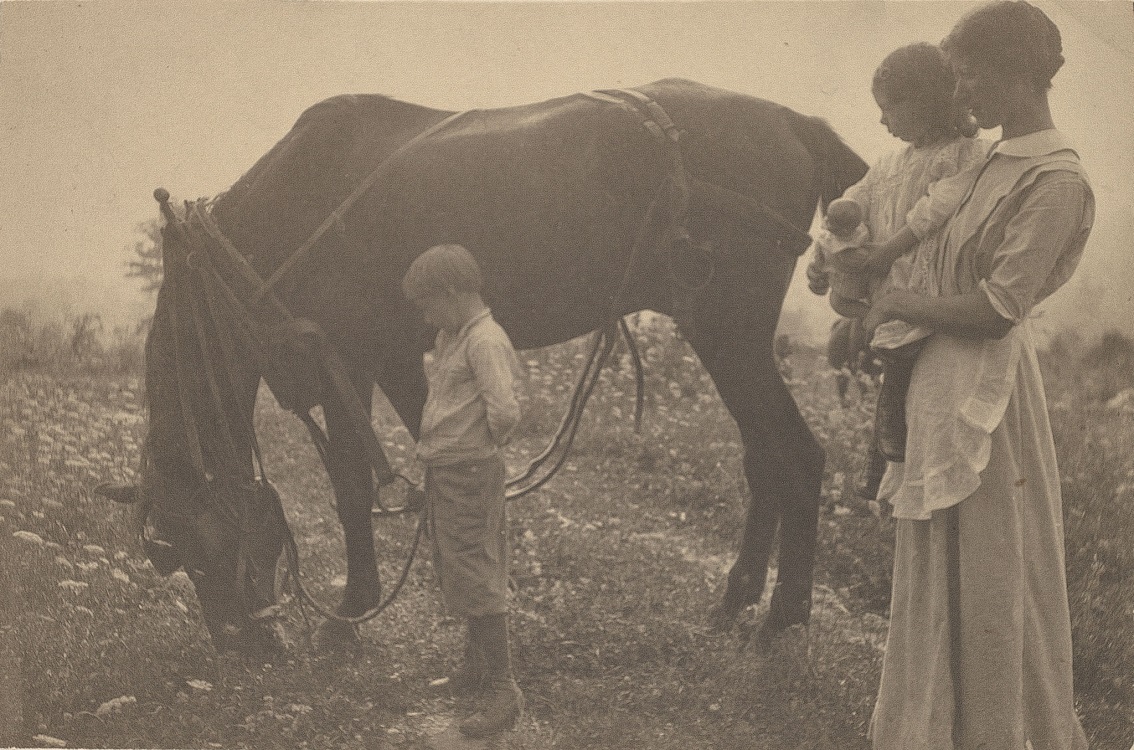 Gertrude Käsebier (American, 1852-1934), Untitled [Woman and Children with Horse], n.d., platinum. Museums Collections, Gift of Mason E. Turner, Jr.
